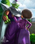  1boy 1girl absurdres afro ass breasts bush cape cloud cloudy_sky colored_skin curtains dark-skinned_female dark_skin dougi dragon_ball dragon_ball_super dragon_ball_super_super_hero elite_nappa green_skin highres janet_(dragon_ball) long_sleeves looking_at_viewer open_mouth piccolo pointy_ears skirt sky tree turban white_cape 