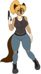  2017 5_fingers amber_eyes anthro belt black_nose blonde_hair boots bottomwear breasts brown_body brown_fur canid canine canis clothed clothing denim denim_clothing domestic_dog female fingers footwear fur german_shepherd gun hair handgun herding_dog humanoid_hands jeans mammal multicolored_body multicolored_fur pants pastoral_dog pistol ranged_weapon skidd solo standing tan_body tan_fur the_servant_omen torn_bottomwear torn_clothing torn_jeans torn_pants two_tone_body two_tone_fur victoria_shen weapon 