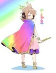  1girl cape earmuffs full_body high_collar light_brown_hair makuwauri multicolored_cape multicolored_clothes pointy_hair purple_skirt rainbow_gradient ritual_baton sandals short_hair skirt solo touhou toyosatomimi_no_miko translation_request 