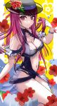  1girl absurdres bare_shoulders black_headwear black_one-piece_swimsuit breasts cleavage clothing_cutout dress dress_swimsuit fire_emblem fire_emblem_engage fire_emblem_heroes flower frills hat hibiscus highres ivy_(fire_emblem) ivy_(summer)_(fire_emblem) large_breasts long_hair looking_at_viewer mole mole_under_mouth mu_tu_bu navel official_alternate_costume one-piece_swimsuit purple_eyes purple_hair see-through_headwear solo stomach stomach_cutout swimsuit 