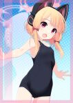  1girl animal_ear_headphones animal_ears artist_name blonde_hair blue_archive blue_background bow breasts cat_ear_headphones character_name cowboy_shot fake_animal_ears gradient_background hair_bow halo headphones highres inaba_shiki looking_at_viewer momoi_(blue_archive) one-piece_swimsuit outstretched_arms parted_bangs polka_dot polka_dot_background red_eyes school_swimsuit short_hair short_hair_with_long_locks small_breasts solo standing swimsuit 