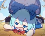  2girls blue_bow blue_dress blue_eyes blue_hair blush_stickers bow cirno daiyousei dress fairy fairy_wings fumo_(doll) hair_between_eyes hair_bow highres ice ice_wings kame_(kamepan44231) multiple_girls open_mouth shirt short_hair short_sleeves socks tears touhou white_shirt white_socks wings 