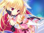  1girl blonde_hair breasts cape cleavage detached_collar elbow_gloves gloves hair_ornament himemiya_hiori kneehighs long_hair magical_girl non-web_source official_art pink_skirt red_eyes ribbon skirt small_breasts socks solo stella_exes_codex_~tasogare_no_himekishi~ stellula_eques white_ribbon 