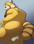  2023 ailurid anthro balls big_butt blue_eyes blush butt caladbolg censored crave_saga genitals hi_res kemono male mammal moobs one_eye_closed overweight overweight_male penis red_panda small_penis solo tolsche wink 
