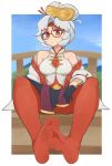 1girl absurdres bare_shoulders breasts feet foot_focus glasses gloves highres large_breasts purah red_eyes sitting sleeveless softhanten soles solo the_legend_of_zelda the_legend_of_zelda:_tears_of_the_kingdom toes white_hair 