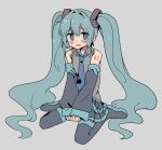  1girl @_@ bare_shoulders blue_eyes blue_hair blush detached_sleeves facing_viewer grey_background hatsune_miku highres long_hair long_sleeves necktie open_mouth ra_sii_yo shirt simple_background single_tear skirt solo thighhighs twintails very_long_hair vocaloid 