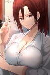  1girl aozaki_touko breasts buttons cigarette cleavage closed_mouth commentary_request dated fingernails hair_between_eyes highres holding holding_cigarette indoors kara_no_kyoukai large_breasts long_hair long_sleeves looking_at_viewer orange_nails ponytail red_eyes red_hair shirt smile smoke smoking solo vent_vert_(kuuya) white_shirt window 