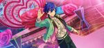  1boy belt belt_buckle blazer blue_hair buckle collared_shirt cowboy_shot dark_blue_hair earrings ensemble_stars! fingernails flower hair_between_eyes happy_elements headset heart jacket jewelry lapels long_sleeves looking_at_viewer male_focus necktie official_art open_clothes open_jacket red_flower red_rose ring rose rouge&amp;ruby_(ensemble_stars!) sazanami_jun shirt short_hair smile solo teeth third-party_source white_belt yellow_eyes 