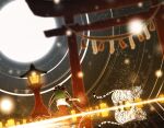  1girl absurdres blurry blurry_foreground commentary from_behind green_hair hair_ribbon highres kagiyama_hina lantern light_particles moon oubachiago red_ribbon reflection ribbon short_sleeves sitting tiger torii touhou white_tiger 