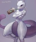 absurd_res alpineping ambiguous_gender coffee_cup container crossed_arms cup drinking felid feline generation_1_pokemon hi_res legendary_pokemon looking_at_viewer mammal mewtwo nintendo pokemon pokemon_(species) purple_eyes simple_background solo white_body 