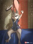  anthro bed big_ears blue_clothing blue_shirt blue_topwear bottomless claws clothed clothing disney female fur furniture genitals grey_body grey_fur hi_res judy_hopps lagomorph leporid link6432 long_ears mammal narrowed_eyes nipple_outline on_bed one_eye_closed purple_eyes pussy rabbit shirt sitting solo stretching t-shirt topwear waking_up zootopia 