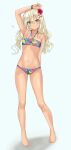  absurdres armlet arms_behind_back arms_up bad_feet bikini blonde_hair blue_background blue_eyes bow bracelet flat_chest flower grecale_(kancolle) grecale_swimsuit green_eyes hair_bow hair_flower hair_ornament highres italy jewelry kantai_collection messy_hair multicolored_bikini multicolored_clothes navel necklace nitamako_(sakamalh) pink_bow solo swimsuit tan wavy_hair 