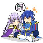 1boy 1girl blue_cape blue_hair brother_and_sister cape cellphone circlet dress fire_emblem fire_emblem:_genealogy_of_the_holy_war fire_emblem_heroes headband holding holding_phone julia_(fire_emblem) long_hair phone purple_cape purple_eyes purple_hair seliph_(fire_emblem) siblings simple_background sitting smartphone white_headband yukia_(firstaid0) 