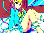  1980s_(style) 1girl 8-bit arm_support blonde_hair blue_eyes blue_hair blue_shirt blue_skirt bow chouzetsusaikawa_tenshi-chan commentary_request dithering eencya finger_to_cheek hair_bow hair_ornament heart heart_hair_ornament indoors leg_belt long_hair long_sleeves looking_at_viewer multicolored_hair multicolored_nails multiple_hair_bows needy_girl_overdose on_bed pink_bow pink_hair pink_nails pixel_art pleated_skirt purple_bow quad_tails retro_artstyle sailor_collar school_uniform serafuku shirt sitting skirt smile solo very_long_hair window yellow_bow yellow_nails 