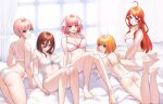  5girls :d ahoge all_fours arm_support ass back bare_arms bare_legs bare_shoulders barefoot between_legs blue_eyes blush bra breasts brown_hair butterfly_hair_ornament cleavage collarbone commentary convenient_leg curtains curvy double-parted_bangs eyelashes eyes_visible_through_hair feet feet_out_of_frame frilled_bra frilled_panties frills frown full_body go-toubun_no_hanayome hair_between_eyes hair_ornament hair_over_one_eye hair_ribbon hand_between_legs highres indoors knees_together_feet_apart knees_up kurosaki_coco large_breasts long_hair looking_at_viewer looking_back lying medium_hair midriff multiple_girls nakano_ichika nakano_itsuki nakano_miku nakano_nino nakano_yotsuba on_bed on_stomach open_mouth orange_hair panties parted_lips pink_hair quintuplets red_hair red_ribbon ribbon ribbon-trimmed_bra short_hair siblings sisters sitting smile soles star_(symbol) star_hair_ornament stomach straight_hair teeth the_pose thighs toes tsurime two_side_up underwear underwear_only upper_teeth_only v_arms very_long_hair white_bra white_panties white_ribbon white_theme window yokozuwari 