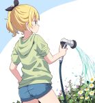  1girl aqua_eyes ass black_ribbon blonde_hair blue_background blue_shorts blunt_bangs closed_mouth commentary_request cowboy_shot daisy flower from_behind gochuumon_wa_usagi_desu_ka? green_hoodie hair_ribbon hand_on_own_hip highres holding holding_hose hood hoodie hose hose_nozzle kirima_syaro looking_to_the_side mohei ribbon short_hair short_shorts short_sleeves shorts side_ponytail sidelocks solo standing two-tone_background water watering white_background 