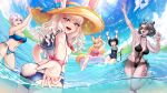  5girls absurdres animal_ears bikini breasts castanic cat_ears character_request cleavage covered_navel elf elin fevermoun fox_ears highres looking_at_viewer multiple_girls ocean pointy_ears rabbit_ears red_eyes school_swimsuit summer swimsuit tera_online 