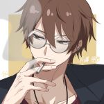  1boy amata1006 brown_hair commentary glasses highres serizawa_tomoya short_hair smoke 