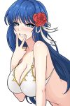 1girl alternate_costume bangs bare_shoulders bikini blue_eyes blue_hair breasts caeda_(fire_emblem) cleavage commentary_request fire_emblem fire_emblem:_shadow_dragon_and_the_blade_of_light flower grin hair_flower hair_ornament hair_ribbon hand_up highres large_breasts long_hair looking_at_viewer navel nirainini red_flower red_rose ribbon rose simple_background smile solo stomach swimsuit upper_body v very_long_hair white_background white_bikini white_ribbon 