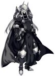  1boy aggron armor black_cape blue_eyes cape full_body grey_cape grey_hair helmet katagiri_hachigou loincloth long_hair personification pokemon simple_background solo standing two-sided_fabric two-tone_cape white_background 