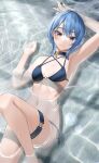  1girl absurdres armpits bare_shoulders bikini blue_bikini blue_choker blue_eyes blue_hair breasts choker cleavage closed_mouth criss-cross_halter hair_between_eyes halterneck highres hololive hoshimachi_suisei looking_at_viewer lying masmas_(bugi) short_hair side-tie_bikini_bottom small_breasts solo star_(symbol) star_choker star_in_eye string_bikini swimsuit symbol_in_eye thigh_strap virtual_youtuber 