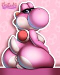  absurd_res anus areola big_breasts big_butt blue_eyes breasts butt female feral genitals hi_res jwecchi looking_at_viewer looking_back mario_bros nintendo pink_body pussy saddle solo tail wide_hips yoshi yoshi_(character) 