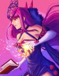  1girl absurdres bare_shoulders blue_dress book breasts cleavage dress fire fire_emblem fire_emblem_engage gloves highres holding holding_book ivy_(fire_emblem) large_breasts long_hair off-shoulder_dress off_shoulder parted_lips pink_lips purple_background purple_eyes purple_hair short_sleeves simple_background solo tartarbox upper_body white_gloves 