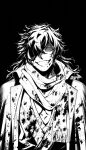  1boy blood blood_on_clothes evil_grin evil_smile fate/grand_order fate_(series) greyscale grin hair_over_one_eye highres kan_(pyy_c12) long_hair looking_at_viewer male_focus messy_hair monochrome okada_izou_(fate) pectoral_cleavage pectorals scarf simple_background smile solo sparse_stubble straight-on twitter_username unusually_open_eyes upper_body 