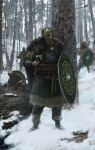  4boys absurdres agroznov arrow_(projectile) artist_logo axe commentary english_commentary forest hatchet_(axe) helmet highres holding holding_axe holding_polearm holding_shield holding_weapon hood multiple_boys nature original outdoors polearm shield snow snowing soldier spear tree warrior weapon 