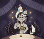  2022 ambiguous_gender bat_pony bat_wings birthday black_hair blush blush_lines bow_tie candle cheek_tuft chest_tuft chopsticks claws clothing cute_fangs digital_media_(artwork) ear_tuft eating egg equid eyes_closed facial_tuft fan_character fangs feral fire food fur grey_body grey_fur grey_hair hair hasbro hat headgear headwear hi_res hooves leg_tuft mammal membrane_(anatomy) membranous_wings midnightflight multicolored_hair my_little_pony noodles oldi_filmes_(oc) party_hat purple_hair purple_wings ramen spread_wings teeth tuft wing_claws wings 