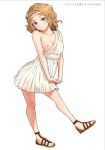 1girl absurdres blonde_hair blue_eyes blush breasts brown_footwear dress greek_clothes headband highres kanden_sky leg_up medium_breasts nipples one_breast_out original own_hands_together sandals simple_background small_nipples white_background white_dress 