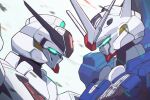  commentary glowing glowing_eyes green_eyes gundam gundam_aerial_rebuild gundam_calibarn gundam_suisei_no_majo highres mecha mobile_suit no_humans robot science_fiction swiz667 upper_body v-fin white_background 