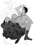  2boys adachi_tooru after_anal arm_up bottomless braid clothed_sex collared_shirt commentary_request crossdressing cum cum_on_body cum_on_male cum_on_stomach exhausted from_above fucked_silly full_body greyscale holding_another&#039;s_leg ido_(nothing679) indoors long_hair long_sleeves looking_to_the_side loose_necktie lying male_focus monochrome multiple_boys narukami_yuu necktie no_shoes on_back partially_unbuttoned persona persona_4 pleated_skirt sailor_collar saliva school_uniform serafuku shirt short_hair sitting skirt socks sweat tears twin_braids wariza yaoi 