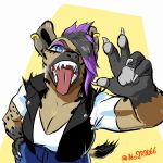 anthro big_breasts blue_eyes breasts clothing female fur hi_res hyena jacket mammal muscular muscular_female piercing punk solo spots spotted_body spotted_fur spotted_hyena topwear 