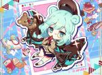  1girl animal_ears aqua_eyes aqua_hair arknights award_ribbon bare_legs bear_ears bear_girl blue_background blue_skirt book braid brown_coat brown_footwear brown_sweater chibi coat coat_on_shoulders dot_mouth drop_shadow holding holding_book istina_(arknights) long_hair long_sleeves looking_at_viewer monocle multicolored_background outline pink_background pleated_skirt sidelocks signature skirt socks solo soriya string_of_flags stuffed_animal stuffed_toy sweater sweater_vest teddy_bear white_socks 