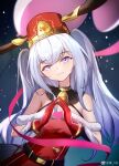  1girl bare_shoulders bell breasts christmas commentary_request dress fur_trim girls&#039;_frontline girls&#039;_frontline_neural_cloud gloves grey_hair hat head_tilt highres jing_th large_breasts long_hair looking_at_viewer neck_bell official_alternate_costume purple_eyes red_dress red_headwear solo undine_(girls&#039;_frontline_nc) upper_body weibo_username 