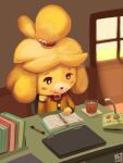  2022 alex-toons animal_crossing anthro beverage blonde_hair book canid canine clothing container cup female floppy_ears hair isabelle_(animal_crossing) mammal nintendo signature sitting smile solo window 