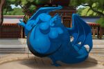  2023 anthro back_horn biglovealicia blue_body cel_shading chinese claws detailed_background dragon hi_res horn huge_belly male membrane_(anatomy) membranous_wings moobs morbidly_obese morbidly_obese_male obese obese_male outside overweight overweight_male plant red_eyes scalie shaded signature smile solo sumo sumo_ring tail thick_arms thick_tail thick_thighs tree wings 