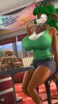  3d_(artwork) 4k absurd_res anthro antlers big_breasts breasts buckteeth burger deer digital_media_(artwork) diner donglysfm female food green_hair hair hi_res horn imminent_regret mammal mature_female neck_tuft restaurant revamped_anthros solo source_filmmaker tea_tree_(donglysfm) teeth tuft 