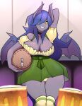  alcohol anthro areola areola_slip bat_pony beer beverage big_breasts bottomwear breasts cleavage clothed clothing da3rd equid fan_character female hair hasbro hi_res long_hair maid_uniform mammal my_little_pony panties purple_hair racket_rhine skirt smile solo underwear uniform wide_hips wings yellow_eyes 