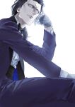  1boy absurdres alternate_costume black_bow black_bowtie black_hair bow bowtie expressionless fate/grand_order fate_(series) feet_out_of_frame from_below gilles_de_rais_(saber)_(fate) gloves highres looking_at_viewer male_focus pedal15aj short_hair sitting solo suit white_gloves 