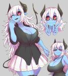  1girl aohada_bocchi black_horns black_sclera black_tail black_tank_top blue_skin blush breasts cocked_eyebrow colored_sclera colored_skin curvy demon_girl demon_horns demon_tail double_v hands_on_own_hips highres horns huge_breasts long_hair multiple_views one_eye_closed open_hand pointy_ears red_eyes ruri_(aohada_bocchi) sharp_teeth skirt smile tail tank_top teeth thighhighs thighs unbuttoned unbuttoned_shirt v white_hair white_skirt zyugoya 