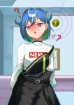  1girl ? @_@ absurdres arms_behind_back belt black_belt black_shorts blue_hair blush coin coin_on_string commentary_request cowboy_shot double_bun earclip green_hair hair_between_eyes hair_bun heart high-waist_shorts highres holed_coin hypnosis long_sleeves looking_at_viewer medium_bangs mind_control mole mole_under_eye multicolored_hair nanashi_inc. nose_blush official_alternate_costume open_mouth pendulum pink_eyes shiranui_enki short_hair shorts single_strap solo suzumi_nemo suzumi_nemo_(2nd_costume) sweater two-tone_hair virtual_youtuber white_sweater 
