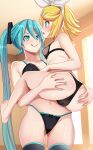  2girls aqua_hair aqua_nails aruman ass_grab ass_visible_through_thighs barefoot black_bra black_panties black_pantyhose black_thighhighs blonde_hair blue_eyes blush bow bow_panties bra breasts cameltoe carrying carrying_person collarbone commentary frilled_bra frills from_side hair_bow hairband hand_on_another&#039;s_ass hatsune_miku highres indoors kagamine_rin large_breasts licking_lips long_hair looking_at_another multiple_girls nail_polish navel paid_reward_available panties pantyhose profile see-through_bra skindentation small_breasts smile swept_bangs thighhighs toes tongue tongue_out twintails underwear upper_body variant_set very_long_hair vocaloid white_bow white_hairband yuri 