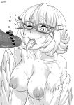  1boy 1girl blood blood_from_eyes blush breasts censored cum cum_in_mouth cum_on_tongue feathered_wings feathers futaba_channel glasses greyscale harpy heart heart_censor hetero highres jackasss large_breasts medium_hair monochrome monster_girl muscular muscular_female nijiura_maids nipples nude one_eye_closed open_mouth penis rectangular_eyewear winged_arms wings yabai 