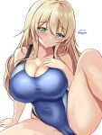  1girl atago_(kancolle) black_one-piece_swimsuit blonde_hair blue_one-piece_swimsuit blush breasts competition_swimsuit covered_navel dated green_eyes hair_between_eyes highres impossible_clothes impossible_swimsuit kantai_collection large_breasts long_hair looking_at_viewer montemasa multicolored_clothes multicolored_swimsuit one-hour_drawing_challenge one-piece_swimsuit simple_background smile solo swimsuit twitter_username two-tone_swimsuit white_background 