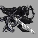  4_horns absurd_res ambiguous_gender anthro armor elemental_creature glistening glistening_body hi_res holding_object holding_sword holding_weapon horn kneeling melee_weapon metal_creature mineral_fauna monster multi_horn on_one_knee sharp_teeth snout solo sword tail teeth thecore34 weapon 