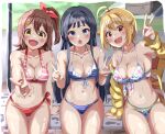  3girls ahoge arm_support bench bikini black_hair blonde_hair blue_bikini blue_eyes blush breasts brown_hair cleavage collarbone commentary_request day double_v floral_print frilled_bikini frills grass hair_between_eyes hair_flaps hair_ornament hair_ribbon hairclip hand_up haruki_(haruki678) highres ibuki_tsubasa idolmaster idolmaster_million_live! jacket jacket_over_shoulder jacket_removed jewelry kasuga_mirai large_breasts long_hair long_sleeves looking_at_viewer medium_breasts medium_hair mogami_shizuka multiple_girls navel necklace open_mouth outdoors print_bikini red_bikini red_eyes ribbon short_hair shy side_ponytail sidelocks simple_background sitting small_breasts smile stomach striped striped_bikini swimsuit thighs v wet white_bikini wristband yellow_eyes yellow_jacket 