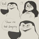  absurd_res anthro avian beak bird breasts choker clothed clothing dialogue doodle_(paeonypetals) duo eyewear female gesture glasses greyscale hi_res jewelry male meme monochrome necklace paeonypetals penguin pointing rectangular_glasses sketch skipper_(madagascar) speech_bubble 