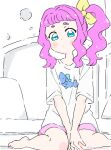  1girl aqua_eyes blush_stickers commentary edamame_(mamemo23) highres laura_la_mer long_hair on_bed pink_hair pink_shorts precure shirt short_bangs shorts side_ponytail sitting solo t-shirt thick_eyebrows tropical-rouge!_precure wariza white_shirt 